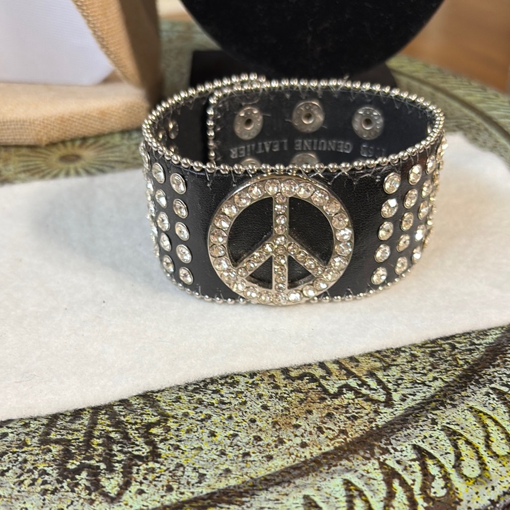 Black Studded Peace Sign Bracelet - Picture 2 of 13
